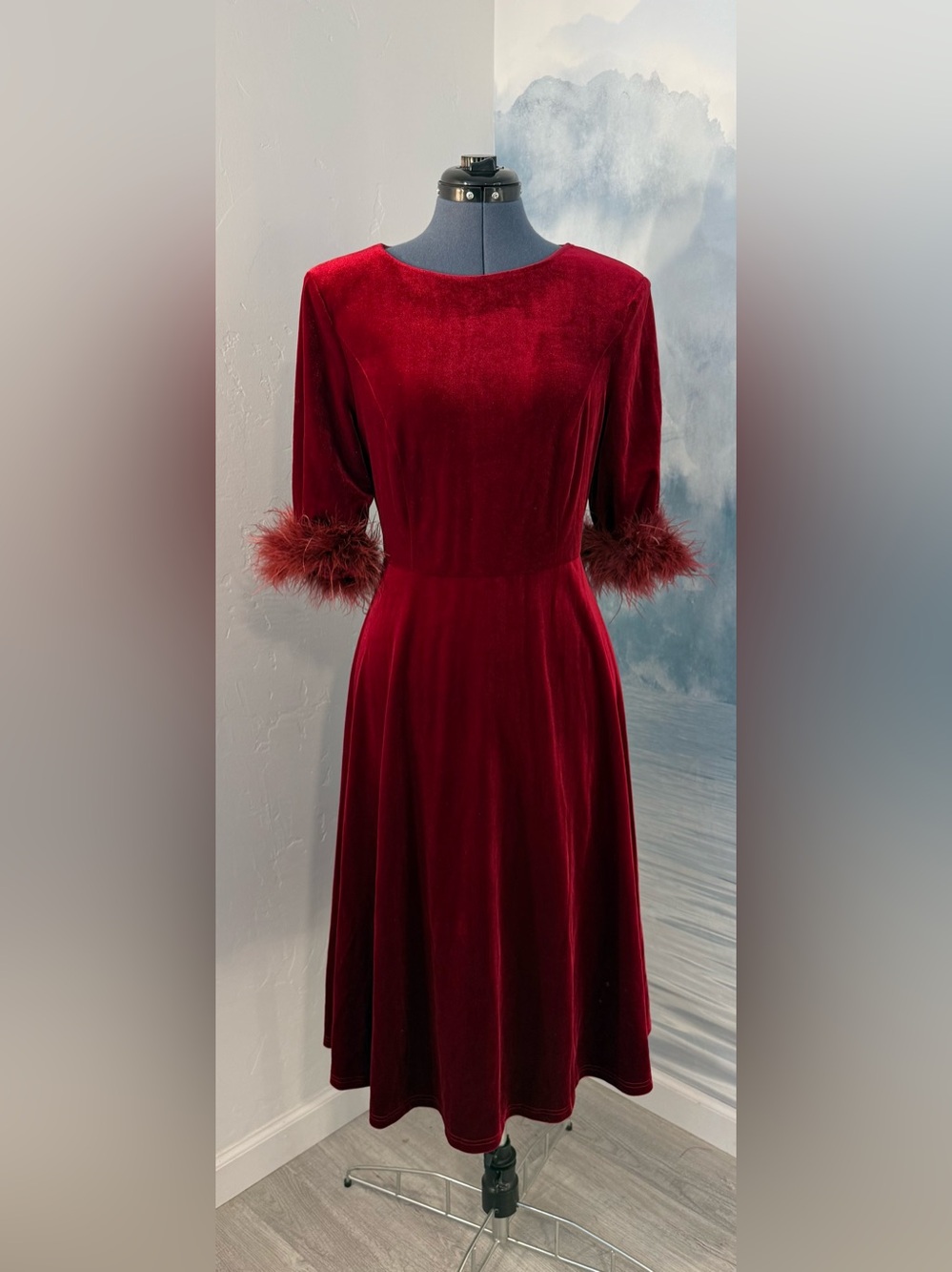 Vintage-Inspired Red Velvet Dress with Feather Cuffs #349